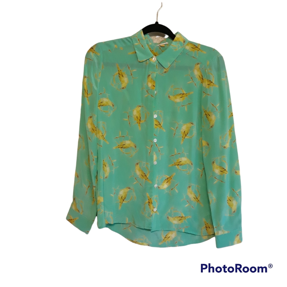 Leifsdottir Aqua Blouse with Yellow Feather Print